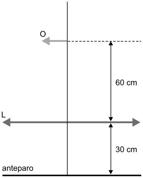 Suporte vertical; no alto, o objeto O, horizontal, representado por seta apontando para a esquerda; 60 cm abaixo, a lente L, horizontal, representada por seta dupla; 30 cm abaixo da lente, o anteparo horizontal.