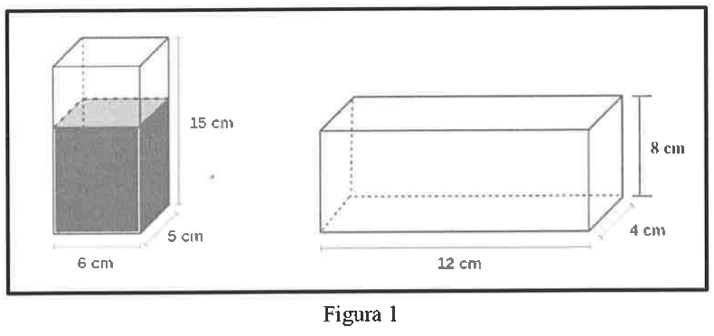 Figura 1: dois recipientes em forma de paralelepípedo. À esquerda, recipiente de 6 cm por 5 cm de base e 15 cm de altura, com água (região sombreada) até cerca de dois terços da altura. À direita, recipiente vazio de 12 cm de comprimento, 4 cm de largura e 8 cm de altura.