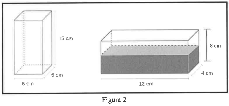 Figura 2: o recipiente de 6 cm × 5 cm × 15 cm agora vazio e o recipiente de 12 cm × 4 cm × 8 cm com água (região sombreada) até uma parte de sua altura, sem indicação numérica do nível.