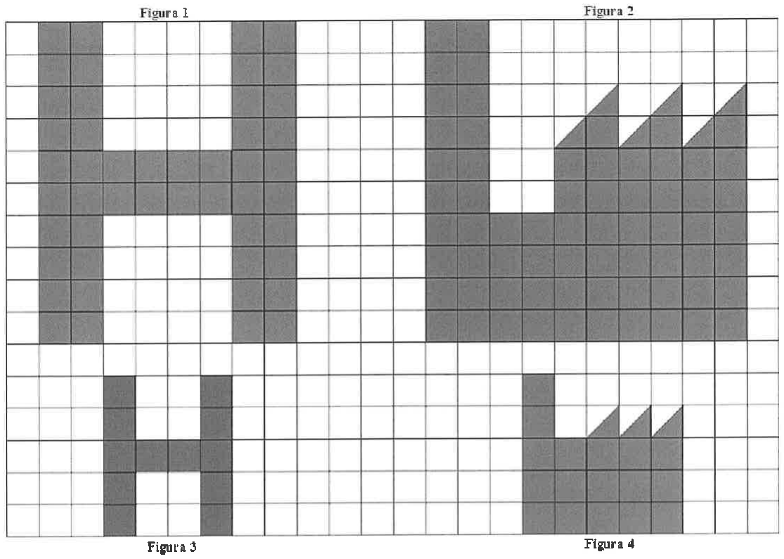 Malha quadriculada com quatro figuras sombreadas. Figura 1 (superior esquerda): forma de letra H larga e alta, com colunas de 2 quadradinhos de largura. Figura 2 (superior direita): forma de letra L larga com três dentes triangulares (meios quadradinhos) no topo da parte direita. Figura 3 (inferior esquerda): letra H menor, com colunas de 1 quadradinho de largura. Figura 4 (inferior direita): versão menor da Figura 2, com três dentes triangulares.