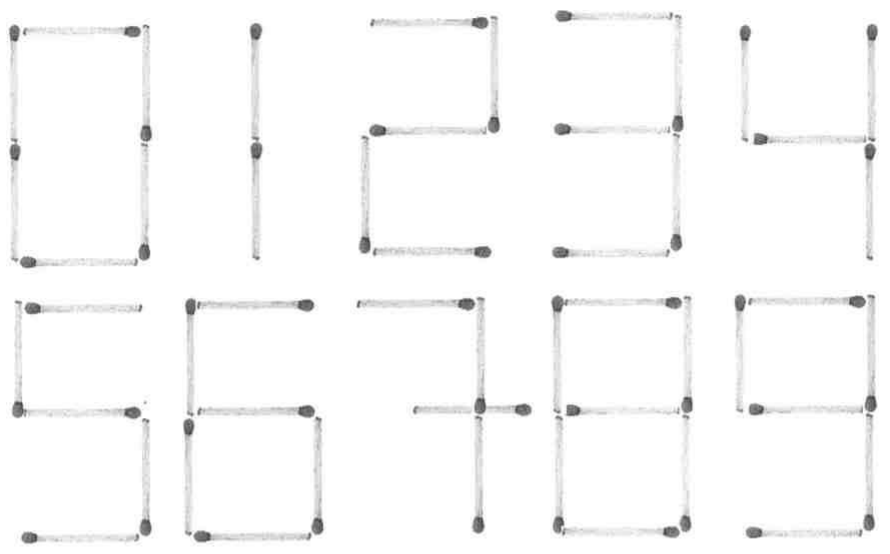 Os algarismos de 0 a 9 formados com palitos de fósforo no estilo de mostrador digital, em duas linhas (0 a 4 em cima e 5 a 9 embaixo). O 1 usa dois palitos verticais; o 7 tem um palito horizontal no topo, dois verticais à direita e um palito curto horizontal no meio, cruzando o traço vertical.