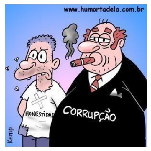 Charge assinada por Kemp, do site www.humortadela.com.br: à esquerda, um homem magro, com roupa rasgada e remendada escrita HONESTIDADE, de expressão aflita; à direita, um homem gordo de terno escuro escrito CORRUPÇÃO, fumando charuto, com expressão satisfeita.