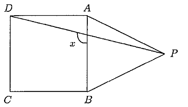 Quadrado ABCD (D e A no alto, C e B embaixo) e triângulo ABP construído externamente sobre o lado AB, com P à direita. Os segmentos DP e AP são traçados; o ângulo x está marcado entre o segmento DP e o lado AB, no ponto em que DP cruza AB.