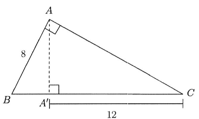 Triângulo ABC retângulo em A, com AB = 8. A altura AA' é traçada (tracejada) até o lado BC, formando ângulo reto em A'. A medida A'C é 12.