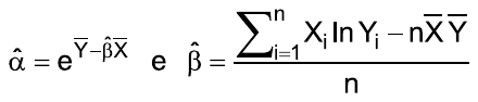 α̂ = e elevado a (Ȳ − β̂X̄) e β̂ = [Σ Xᵢ ln Yᵢ − nX̄Ȳ] / n, somatório de i = 1 a n