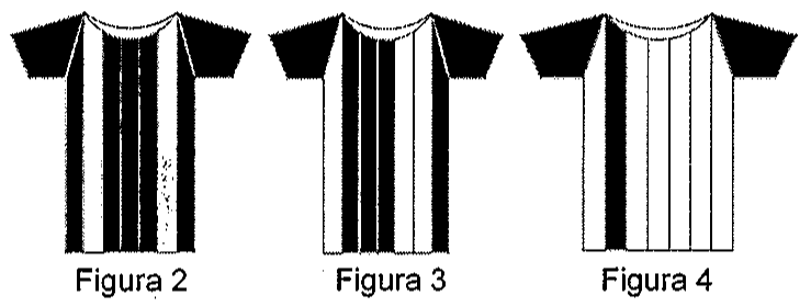 Figuras 2, 3 e 4: três camisas com sete listras verticais em diferentes disposições de listras pretas e brancas.