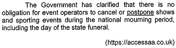 Frase: The Government has clarified that there is no obligation for event operators to cancel or postpone shows and sporting events during the national mourning period, including the day of the state funeral. A palavra postpone está sublinhada. Fonte: https://accessaa.co.uk.
