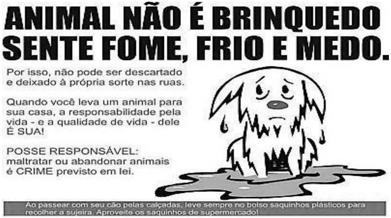 Cartaz em preto e branco. Título: “ANIMAL NÃO É BRINQUEDO / SENTE FOME, FRIO E MEDO.” Textos: “Por isso, não pode ser descartado e deixado à própria sorte nas ruas.” “Quando você leva um animal para sua casa, a responsabilidade pela vida - e a qualidade de vida - dele É SUA!” “POSSE RESPONSÁVEL: maltratar ou abandonar animais é CRIME previsto em lei.” Desenho de um cão de pelo desgrenhado, molhado e triste, sentado numa poça d'água. Faixa inferior: “Ao passear com seu cão pelas calçadas, leve sempre no bolso saquinhos plásticos para recolher a sujeira. Aproveite os saquinhos de supermercado!”