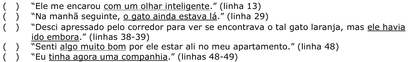 Lista de cinco frases, cada uma precedida de parênteses vazios, com trechos sublinhados: 1) “Ele me encarou com um olhar inteligente.” (linha 13) — sublinhado: “com um olhar inteligente”; 2) “Na manhã seguinte, o gato ainda estava lá.” (linha 29) — sublinhado: “o gato ainda estava lá”; 3) “Desci apressado pelo corredor para ver se encontrava o tal gato laranja, mas ele havia ido embora.” (linhas 38-39) — sublinhado: “ele havia ido embora”; 4) “Senti algo muito bom por ele estar ali no meu apartamento.” (linha 48) — sublinhado: “algo muito bom”; 5) “Eu tinha agora uma companhia.” (linhas 48-49) — sublinhado: “tinha agora uma companhia”.