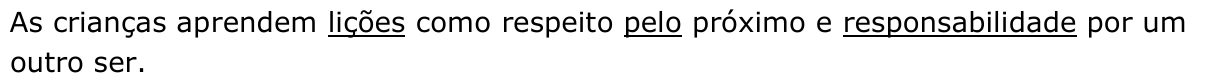 As crianças aprendem lições como respeito pelo próximo e responsabilidade por um outro ser. — sublinhadas: “lições”, “pelo”, “responsabilidade”.