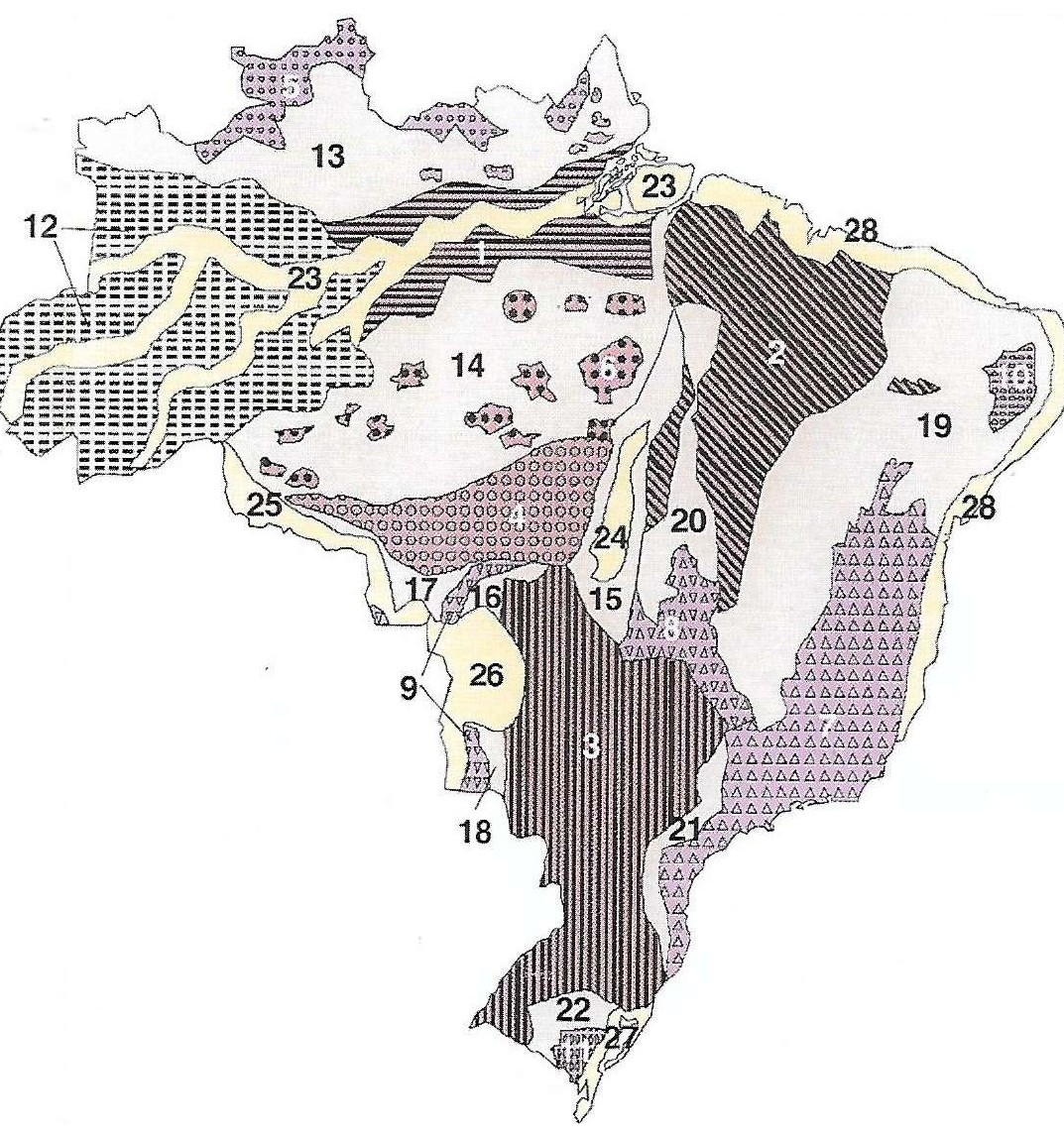 Mapa das unidades de relevo do Brasil segundo Ross, com as unidades numeradas de 1 a 28 e diferenciadas por padrões de hachura.