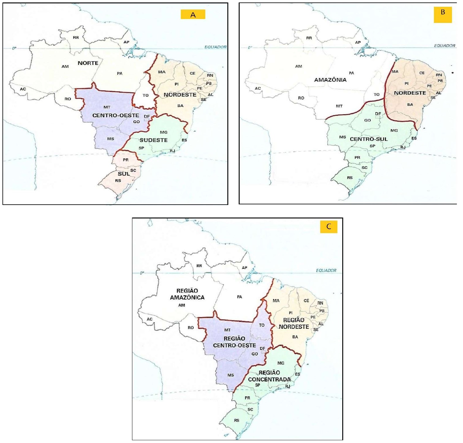 Três mapas de regionalização do Brasil: A, com as cinco regiões Norte, Nordeste, Centro-Oeste, Sudeste e Sul; B, com Amazônia, Nordeste e Centro-Sul; C, com Região Amazônica, Região Nordeste, Região Centro-Oeste e Região Concentrada.