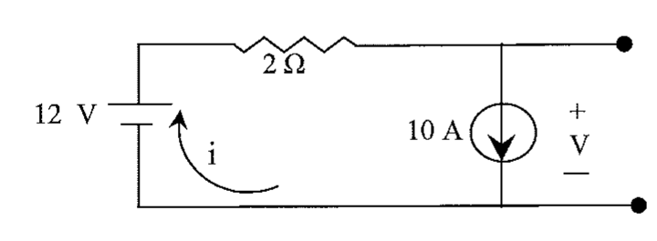 Circuito com fonte de 12 V, resistor de 2 Ω, fonte de corrente de 10 A e tensão V indicada (+ em cima, - embaixo) sobre a fonte de corrente; corrente de malha i indicada.