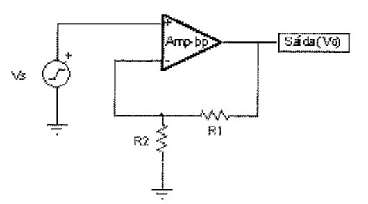 Circuito com amplificador operacional (Amp-op) com fonte Vs na entrada não inversora e realimentação por divisor resistivo R1 e R2 para a entrada inversora; saída Vo.