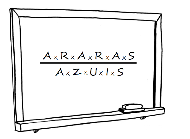 Quadro-negro com a fração: no numerador, A × R × A × R × A × S; no denominador, A × Z × U × I × S.