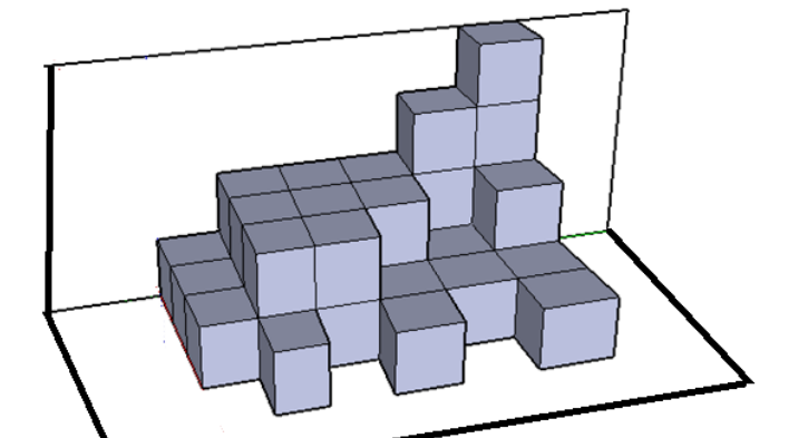 Perspectiva de um empilhamento de caixas cúbicas em um canto formado por duas paredes e o piso, com pilhas de alturas diferentes, chegando a quatro caixas na pilha mais alta, ao fundo.
