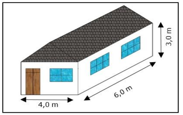 Casa térrea em perspectiva: frente com 4,0 m de largura, contendo uma porta e uma janela; parede lateral com 6,0 m de comprimento e duas janelas; altura das paredes de 3,0 m.
