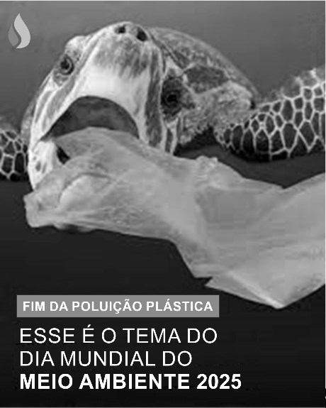 Peça de campanha em tons de cinza: tartaruga marinha com um saco plástico junto à boca. Na parte inferior, os textos “FIM DA POLUIÇÃO PLÁSTICA” e “ESSE É O TEMA DO DIA MUNDIAL DO MEIO AMBIENTE 2025”.
