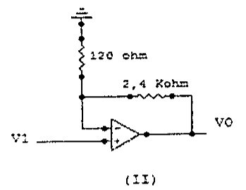 Circuito (II): amplificador operacional com V1 na entrada não inversora, resistor de 120 ohm da entrada inversora ao terra e realimentação de 2,4 Kohm entre a saída VO e a entrada inversora.