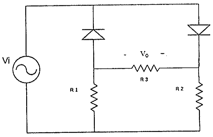 Circuito com fonte alternada Vi, dois diodos, resistores R1 e R2 em ramos verticais e resistor R3 horizontal entre os ramos, sobre o qual é indicada a tensão de saída Vo.