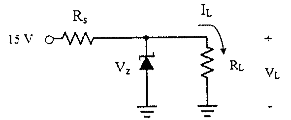 Regulador com fonte de 15 V, resistor série Rs, diodo zener Vz em paralelo com a carga RL; corrente de carga IL e tensão VL indicadas na carga.