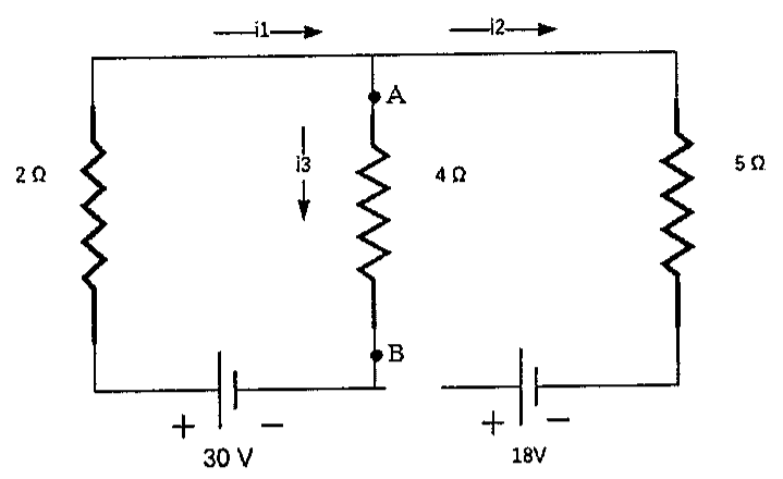 Circuito com três ramos em paralelo entre nós superiores: ramo de 2 Ω, ramo central de 4 Ω entre os pontos A e B com corrente i3, ramo de 5 Ω; fontes de 30 V e 18 V no trecho inferior; correntes i1 e i2 indicadas no trecho superior.