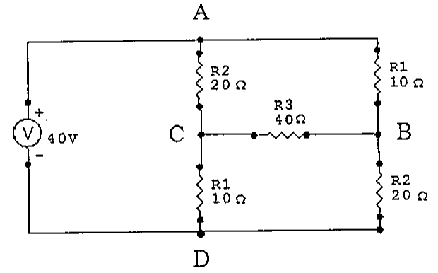 Circuito em ponte: fonte de 40 V entre os nós A e D; ramo A–C–D com R2 = 20 Ω e R1 = 10 Ω; ramo A–B–D com R1 = 10 Ω e R2 = 20 Ω; resistor R3 = 40 Ω entre C e B.