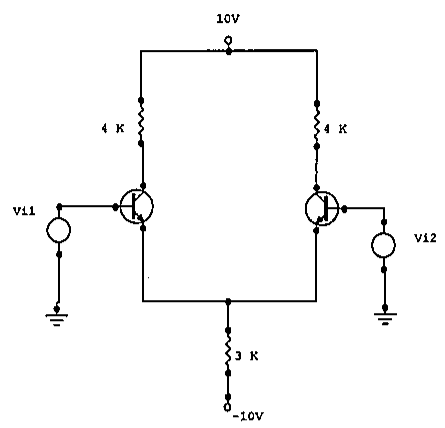 Par diferencial com dois transistores, resistores de coletor de 4 K ligados a +10V, emissores unidos e ligados a −10V por resistor de 3 K, entradas Vi1 e Vi2 nas bases.