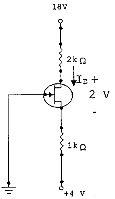 Circuito JFET de canal n: dreno ligado a 18V por resistor de 2 kΩ, fonte ligada a +4 V por resistor de 1 kΩ, porta ligada ao terra; corrente ID e tensão de 2 V entre dreno e fonte indicadas.