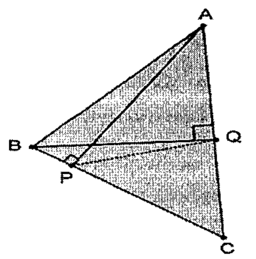 Triângulo ABC sombreado com o ponto Q sobre AC e o ponto P sobre BC; ângulos retos indicados em Q (BQ perpendicular a AC) e em P (AP perpendicular a BC); segmento PQ tracejado.