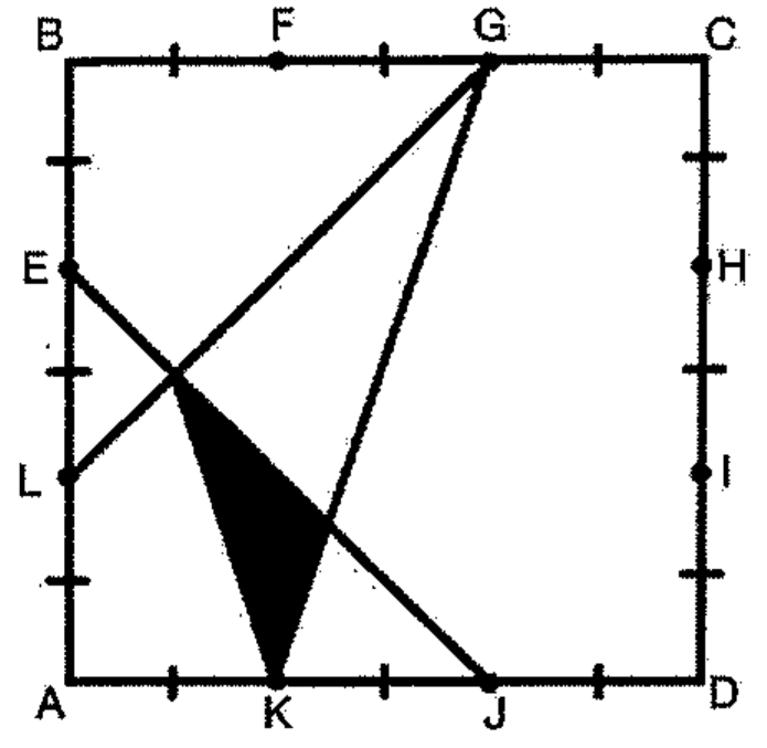 Quadrado ABCD com lados divididos em partes iguais por marcas; pontos F e G no lado BC, E e L no lado AB, H e I no lado CD, K e J no lado AD; segmentos EJ, LG e KG; triângulo sombreado em preto com vértice em K, entre os segmentos LG, EJ e KG.