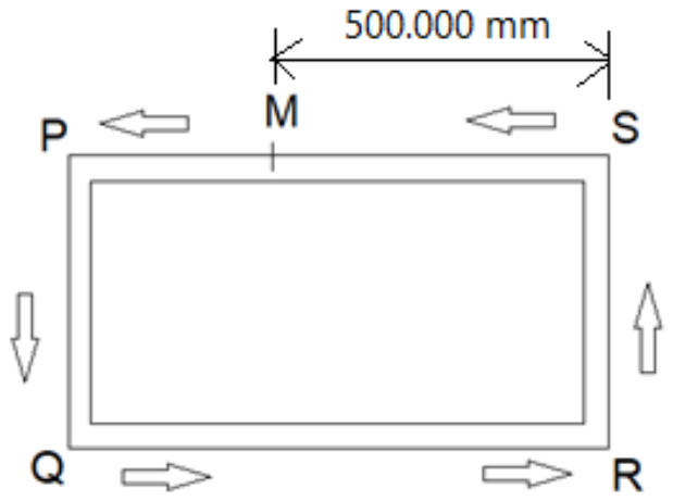 Retângulo com vértices P (superior esquerdo), S (superior direito), R (inferior direito) e Q (inferior esquerdo), com uma faixa interna formando o circuito da praça. No lado PS há o ponto M, e uma cota indica 500.000 mm entre M e S. Setas ao redor indicam o sentido do percurso: de S para M e P no lado superior, de P para Q descendo, de Q para R no lado inferior e de R para S subindo.