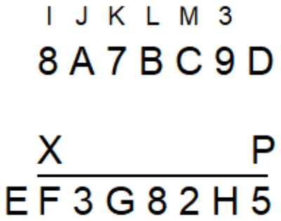 Algoritmo da multiplicação armado: na linha superior, em tamanho menor, os “vai um” I J K L M 3; abaixo, o multiplicando 8 A 7 B C 9 D; na linha seguinte, o sinal X à esquerda e o multiplicador P à direita; após o traço, o produto E F 3 G 8 2 H 5.