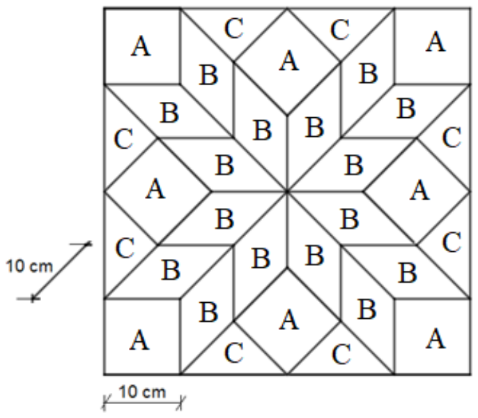Mosaico quadrado formado por quadrados (A), paralelogramos não quadrados (B) e triângulos (C), em padrão simétrico de estrela de oito pontas no centro: quatro quadrados A nos cantos, quatro quadrados A girados no meio de cada lado, dezesseis paralelogramos B ao redor do centro e oito triângulos C nas bordas. Cotas indicam 10 cm no lado de um quadrado do canto e 10 cm em um lado inclinado.