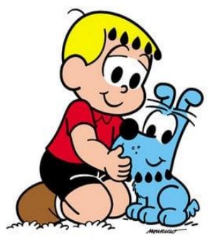 Ilustração da Turma da Mônica: o menino Franjinha, loiro de camiseta vermelha, abraça o cachorro azul Bidu, ambos sorrindo.