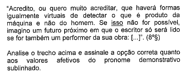 Recorte do enunciado da questão 24 na prova original, mostrando o sublinhado do original em: isso.