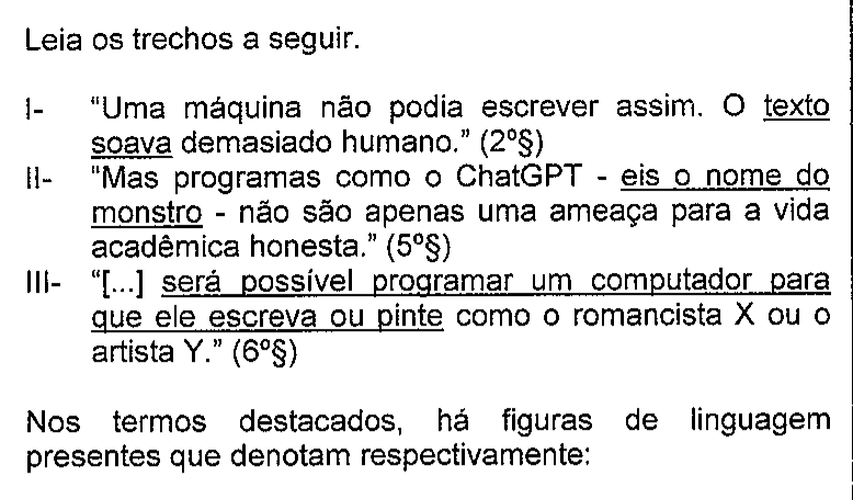 Recorte do enunciado da questão 28 na prova original, mostrando o sublinhado do original em: I: "texto soava"; II: "eis o nome do monstro"; III: "será possível programar um computador para que ele escreva ou pinte".