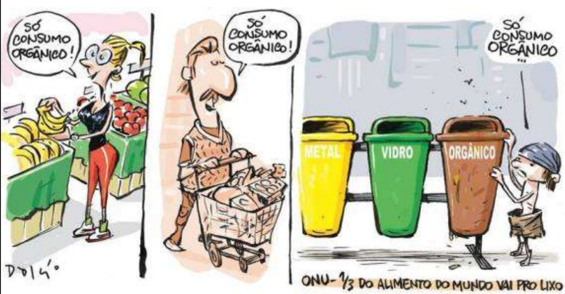 Charge colorida em três cenas. 1ª: uma mulher numa banca de frutas e verduras, segurando um cacho de bananas, diz “SÓ CONSUMO ORGÂNICO!”. 2ª: um homem empurrando um carrinho de supermercado cheio de produtos diz “SÓ CONSUMO ORGÂNICO!”. 3ª: um menino magro, descalço e com roupas rasgadas mexe numa lixeira marrom com a inscrição “ORGÂNICO”, ao lado das lixeiras “METAL” (amarela) e “VIDRO” (verde), e diz “SÓ CONSUMO ORGÂNICO...”. Na parte de baixo da 3ª cena: “ONU – 1/3 DO ALIMENTO DO MUNDO VAI PRO LIXO”. Assinatura do autor no canto inferior esquerdo.