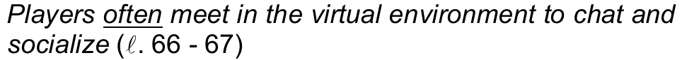 Alternativa c) da questão 16: “Players often meet in the virtual environment to chat and socialize” (ℓ. 66 - 67), com a palavra “often” sublinhada.