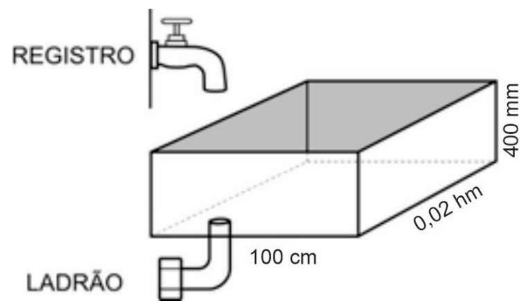 Caixa d’água em forma de paralelepípedo com dimensões 100 cm, 0,02 hm e 400 mm; um registro (torneira) acima da caixa e um cano ladrão na parte de baixo.