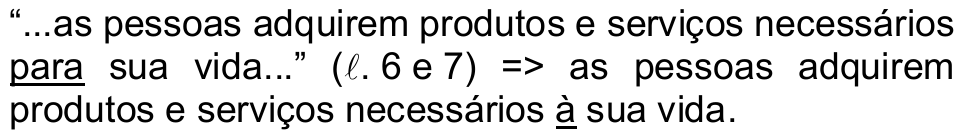 Alternativa a) da questão 42: “...as pessoas adquirem produtos e serviços necessários para sua vida...” (ℓ. 6 e 7) => as pessoas adquirem produtos e serviços necessários à sua vida. Sublinhados: “para” e “à”.
