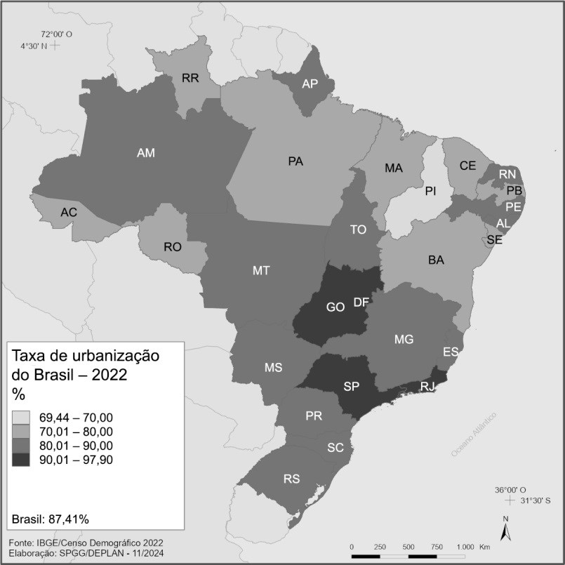Mapa do Brasil por estados: Taxa de urbanização do Brasil – 2022 (%), em quatro classes de cinza: 69,44 – 70,00; 70,01 – 80,00; 80,01 – 90,00; 90,01 – 97,90. Brasil: 87,41%. Fonte: IBGE/Censo Demográfico 2022. Elaboração: SPGG/DEPLAN – 11/2024. Estados com siglas: RR, AP, AM, PA, MA, CE, RN, PB, PE, AL, SE, PI, AC, RO, TO, BA, MT, GO, DF, MG, ES, MS, SP, RJ, PR, SC, RS.