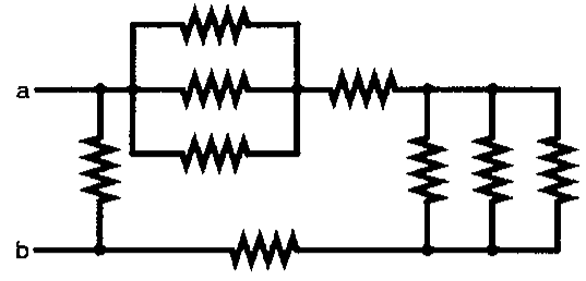 Rede de resistores iguais entre os terminais a e b: um resistor entre a e b; a partir de a, três resistores em paralelo seguidos de um resistor em série; em seguida, três resistores em paralelo ligados ao ramo inferior; um resistor no ramo inferior ligado a b.