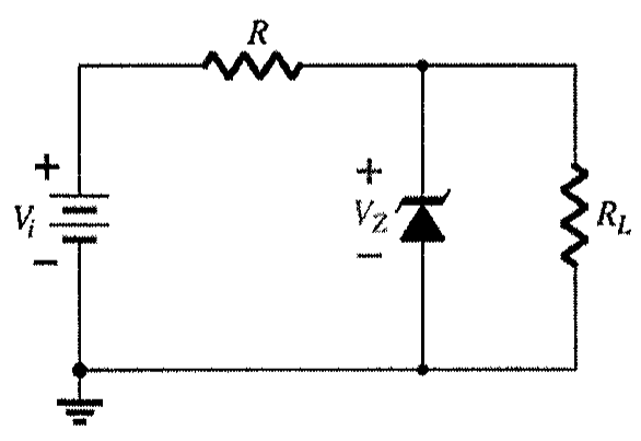 Circuito com fonte Vi, resistor R em série e, em paralelo, um diodo zener com tensão VZ e um resistor de carga RL; o terminal negativo da fonte está aterrado.