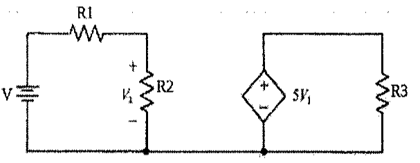 Circuito com fonte V em série com R1 e R2, sendo V1 a tensão sobre R2; em uma segunda malha, uma fonte de tensão dependente de valor 5V1 alimenta o resistor R3.