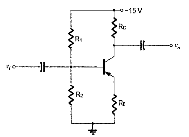 Amplificador com transistor bipolar PNP polarizado por divisor de tensão R1 e R2 a partir de –15 V, resistor RC no coletor, resistor RE no emissor ligado à terra, entrada vi acoplada por capacitor à base e saída vo acoplada por capacitor ao coletor.