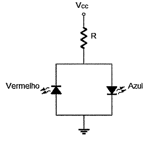 Circuito com Vcc ligado a um resistor R que alimenta dois LEDs em paralelo, um vermelho e um azul, ligados à terra; os dois LEDs estão desenhados com orientações opostas.