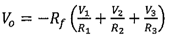 Vo igual a menos Rf vezes (V1/R1 + V2/R2 + V3/R3)