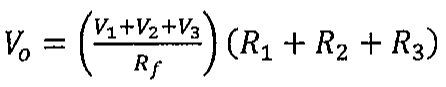 Vo igual a ((V1 + V2 + V3)/Rf) vezes (R1 + R2 + R3)
