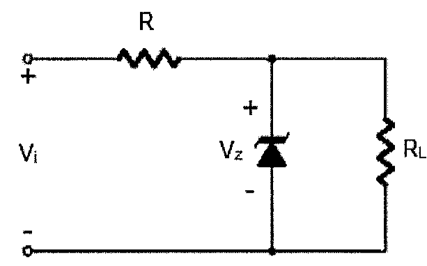 Circuito com entrada Vi, resistor R em série e, em paralelo, um diodo Zener com tensão Vz e um resistor de carga RL.